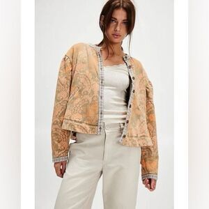 NWT Free People Drifter Button Down Patterned Sweatshirt Jacket in Earth Combo